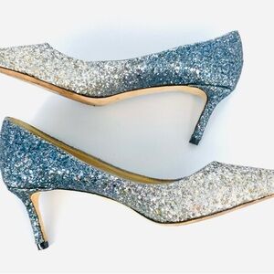 Jimmy Choo Romy 100 Gradient Ombré Sparkling Silver and Blue Heels